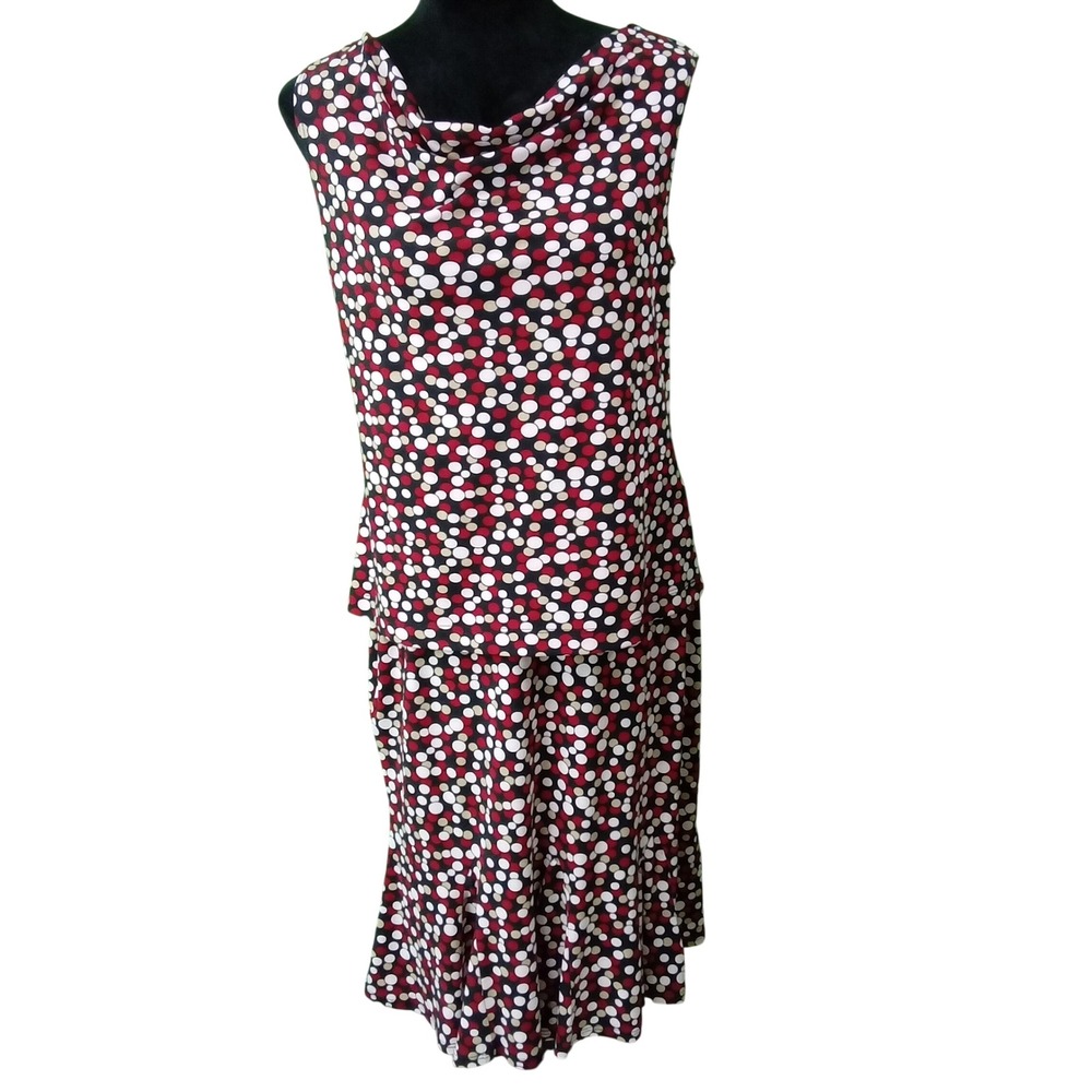 Ronni Nicole Dress MED Red Tan Pink Polka Dot Sleeveless Drape Scoop Neck 2pc
